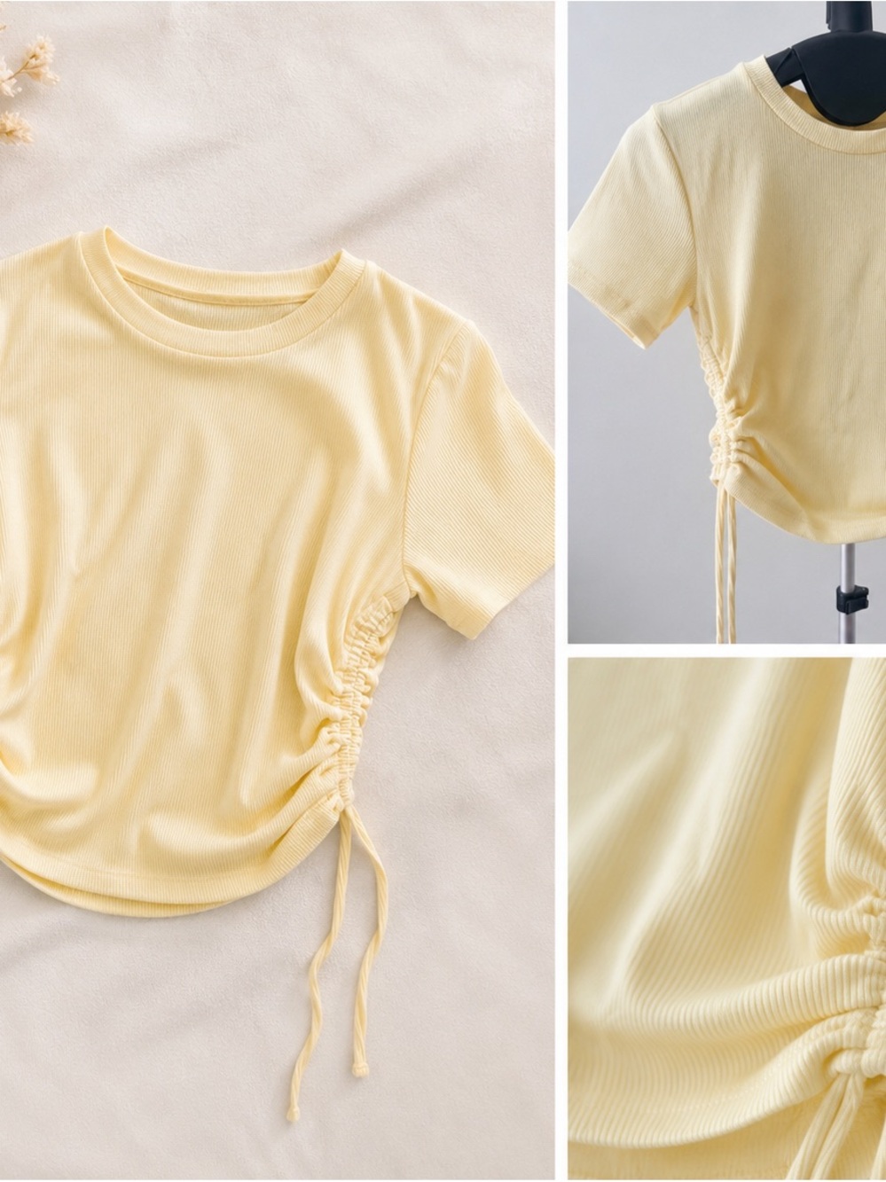 ZARA Ribbed Ruched Side Drawstring Top | Size Small | Butter Yellow